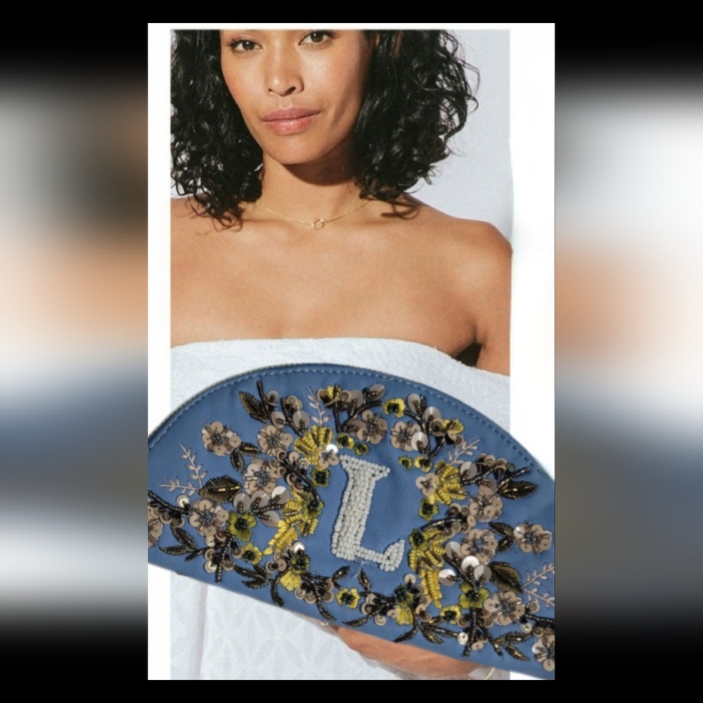 ANTHROPOLOGIE ANNA HARLOW RUSSO MONOGRAM BEADED CLUTCH POUCH LETTER "L"  new